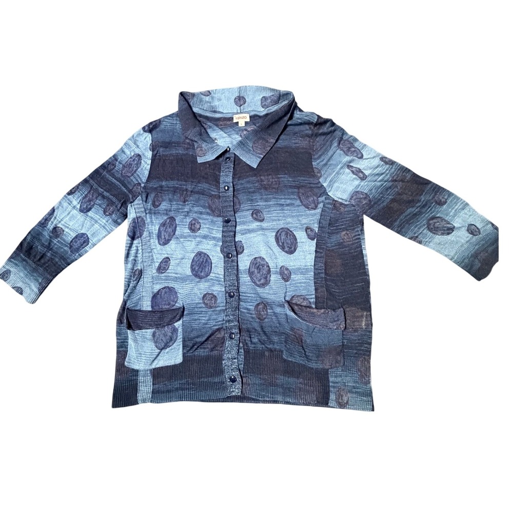 KENZO Lightweight Cardigan L Blue Abstract Polka Dot 3/4 Sleeve Designer Boho